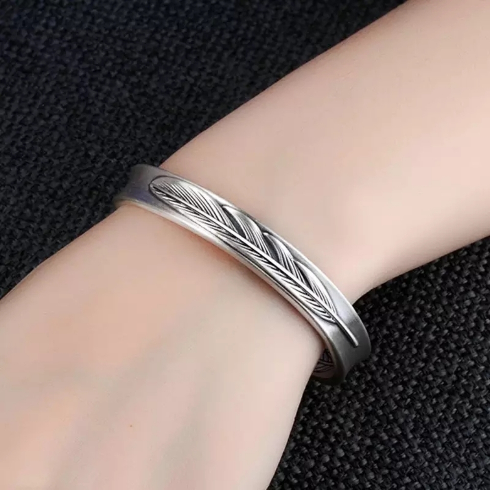 NEW Unisex 999 Silver Etched Feather Cuff Angel Cuff Adjustable Bracelet - Picture 5 of 14